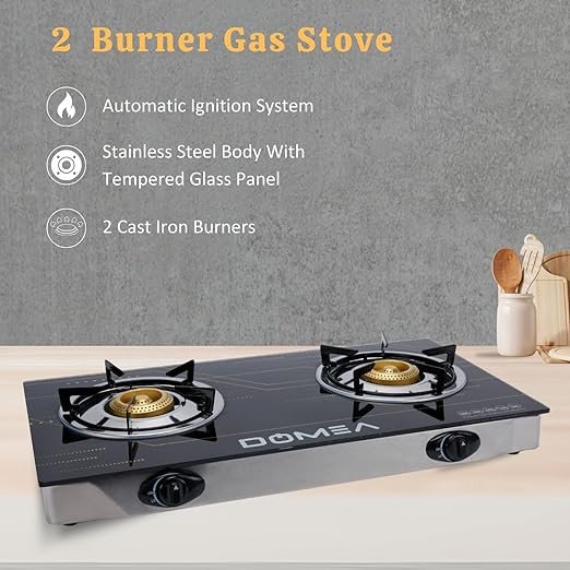 DOMEA Gas Burner With Auto Ignition, 2 Burners Stove, With Tempered Glass Top, Countertop Cooktop, Perfect For Home, Apartments, Camping, Large Events