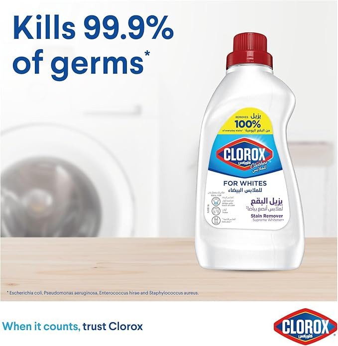 Clorox For Whites, Liquid, 500 mL, Stain Remover And Supreme Whitener, Removes 100% of Everyday Stains