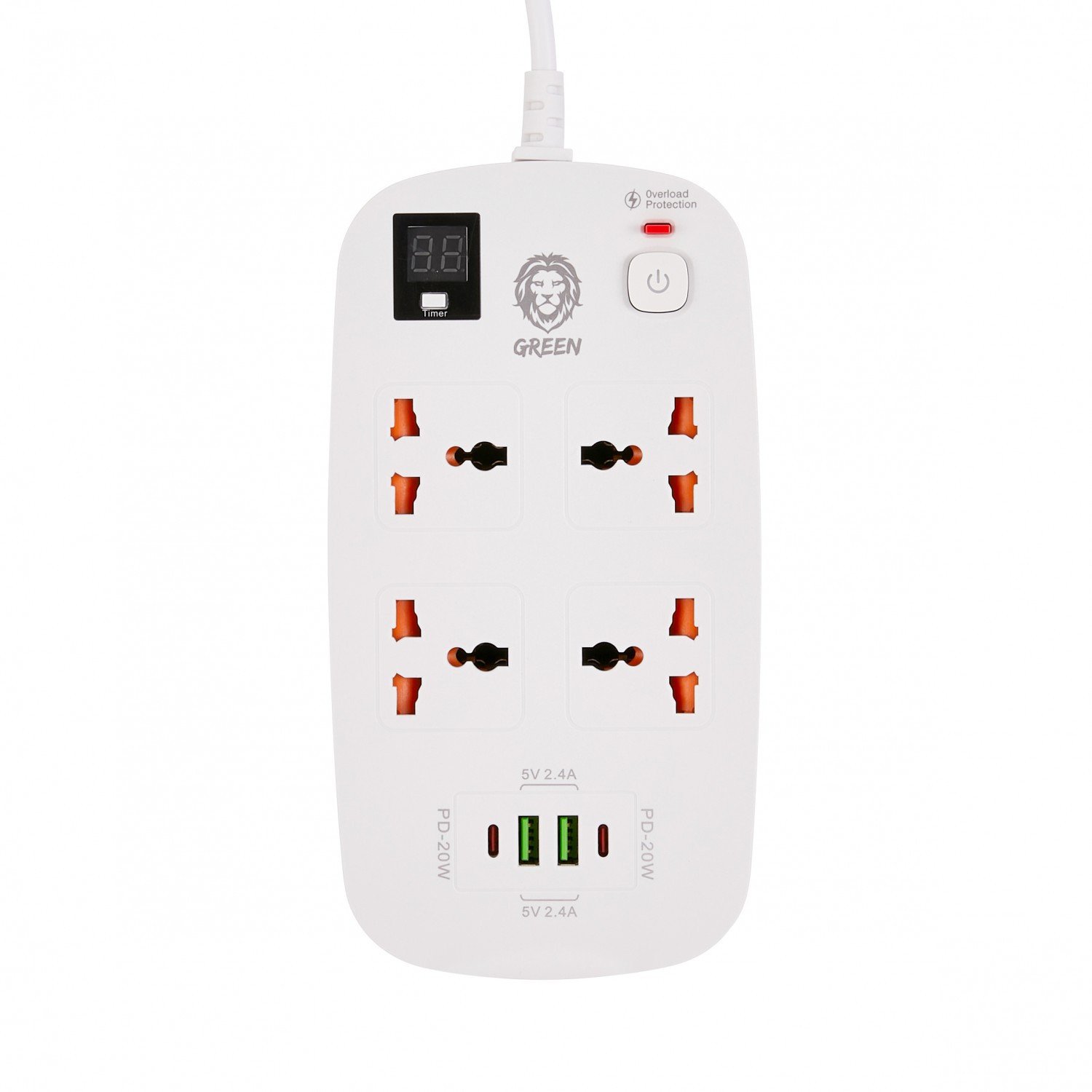 Green 4 AC 2 USB & 2 USB-C PD 40W Multiport Smart Power Socket 3500W 3M - White
