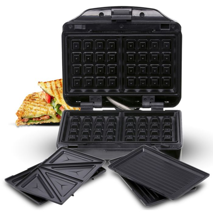 Geepas GSM36509UK 3-In-1 Sandwich Toaster - Portable Grill And Waffle Maker, Cool Touch Housing, Compact Storage, Non-Stick Coating Plate, With Indicator Lights | 2 Years Warranty