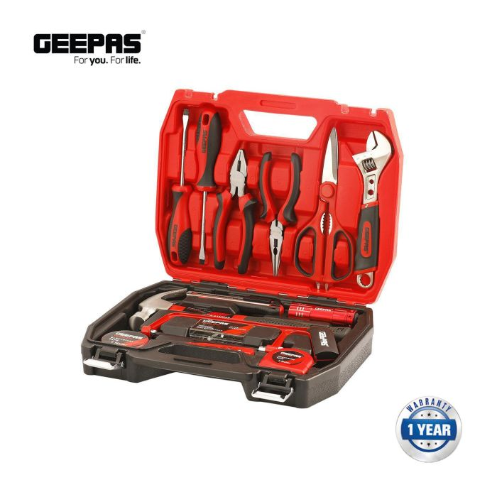 Geepas GT7647 20pc Household & Garage Combination Tool Kit Set Including Pliers, Adjustable Wrench, Claw Hammer, Hooks, Scissors, Precision Screwdrivers And More With Heavy Duty Case