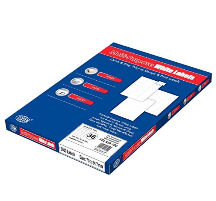 FIS Multipurpose Laser Labels, Colour White, Size 70X24.7MM, (36 Sticker x 100 Sheet) A4 Size, E.U. Origin Material - FSLA36-100