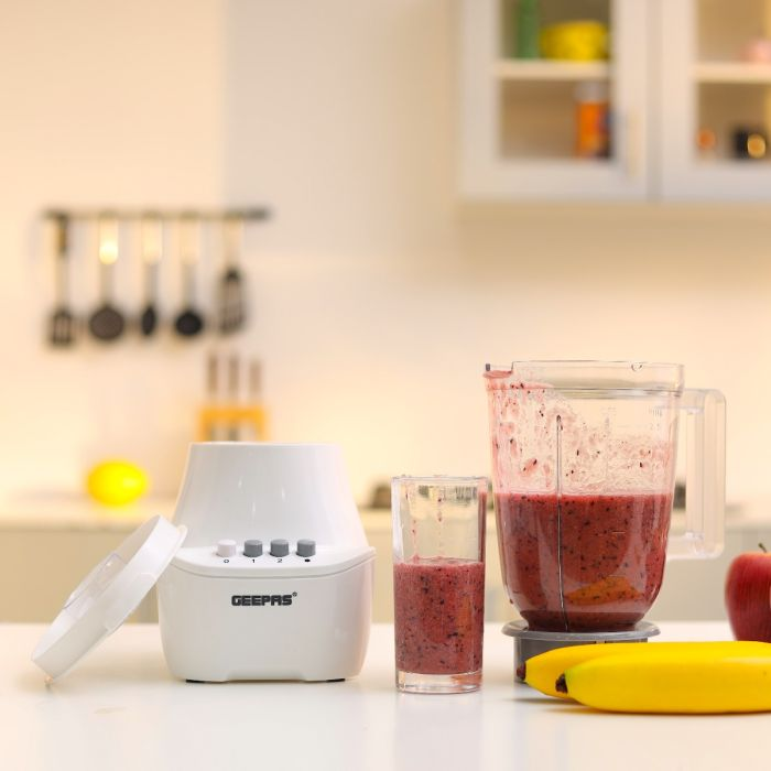 Geepas 400W 3 In 1 Blender - 1.5L Unbreakable Jar, 2 Sharp Stainless-Steel Blades With 2 Speed & Pulse | 2Pc Small Mill, Coffee/Spice Grinder Included | Ideal For Smoothie, Juice, Milkshake & More