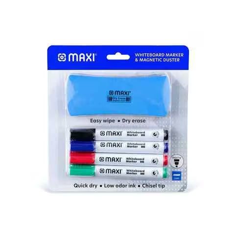 Maxi Chisel Tip White Board Marker Multicolour 4 With Magnetic Duster Blue
