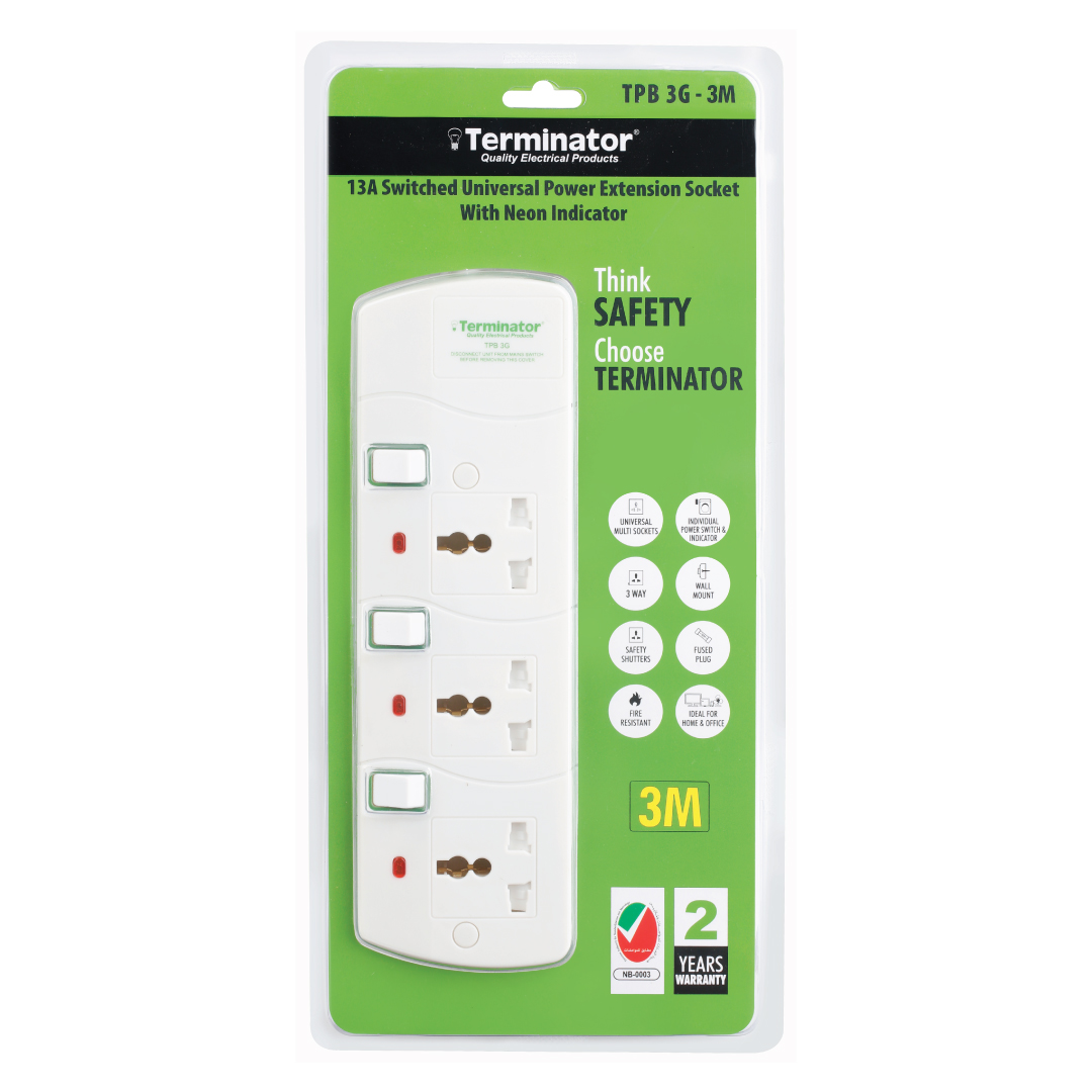 3 Way Universal Power Extension Socket 13A 3M Cable
