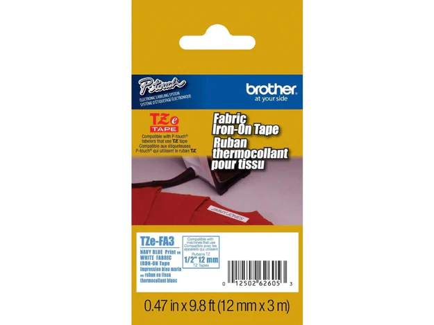 Brother P-TOUCH 12mm TZ-FA3 Fabric Tape, Iron On, Blue on White