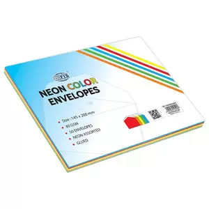 FIS Color Envelopes, Glued, Neon 5 Assorted Colors, Pack of 50 Pcs. 145 x 200 mm, 80 GSM - FSEC8025G5B50
