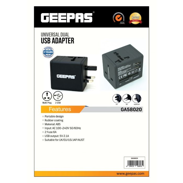 Geepas GA58020 Universal Dual Usb Adapter