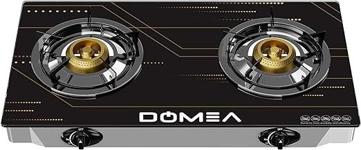 DOMEA Gas Burner With Auto Ignition, 2 Burners Stove, With Tempered Glass Top, Countertop Cooktop, Perfect For Home, Apartments, Camping, Large Events