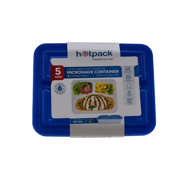 Clear Ribbed Rectangular Microwave Compartment Container with Color Lids 5 Pieces