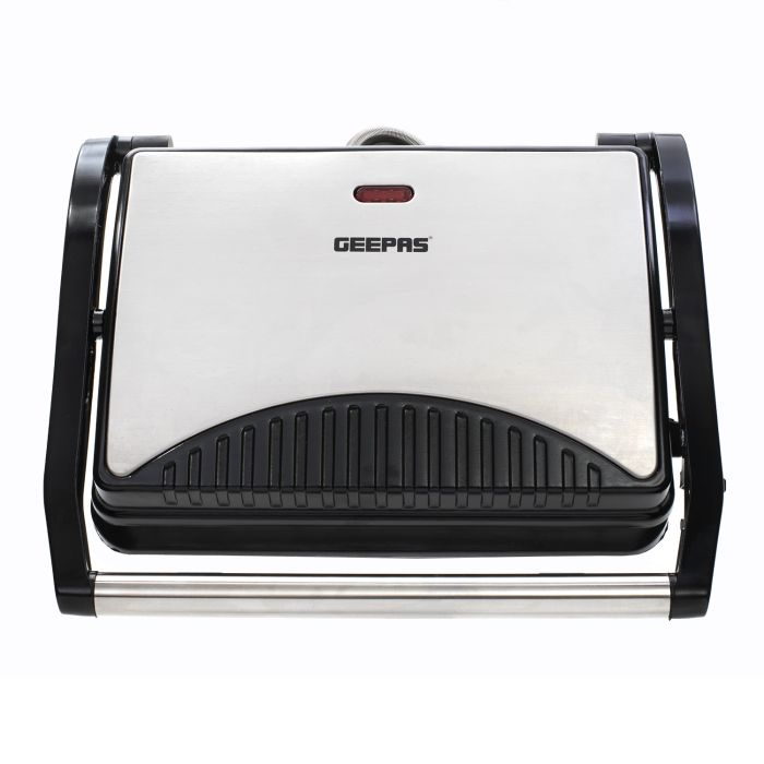 Geepas GGM36501UK Stainless Steel Panini Grill Maker With Non-Stick Plates, Cord-Warp For Storage, Drip Tray, Indicator Lights For Power And Ready - 2 Year Warranty