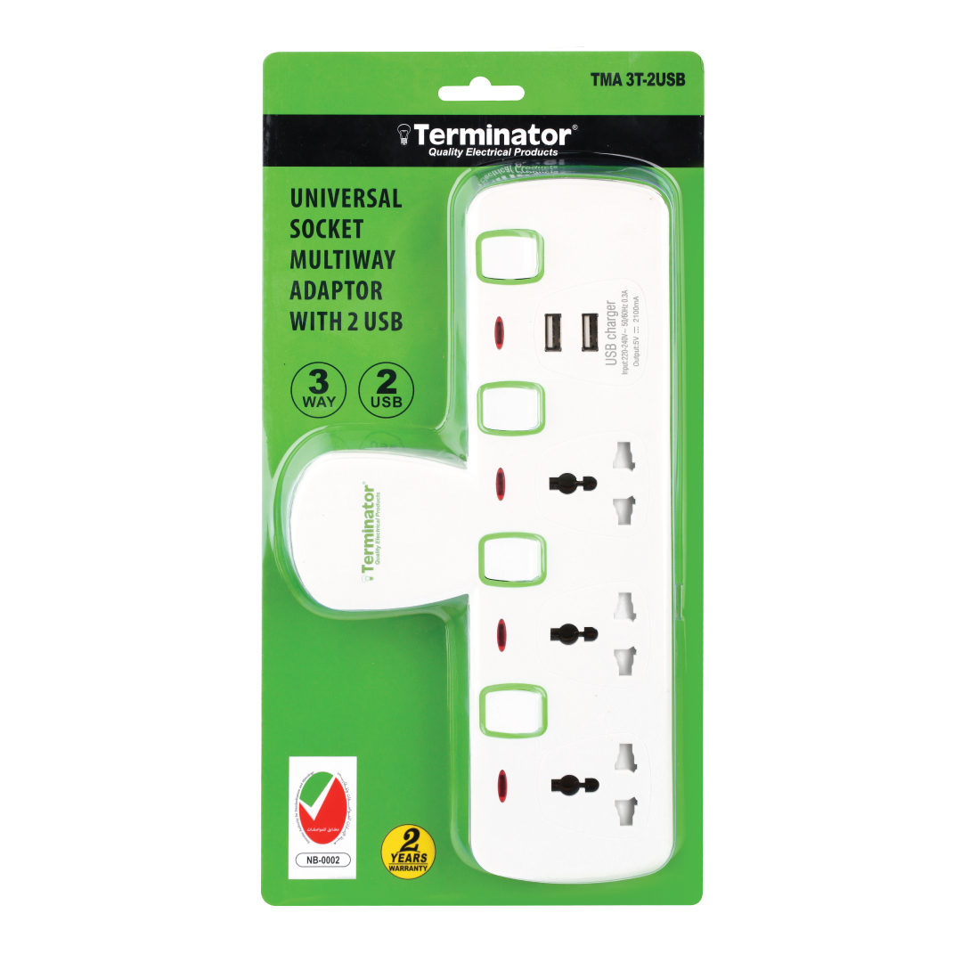 3 Way Universal T-Socket Multi Adaptor With 2 USB