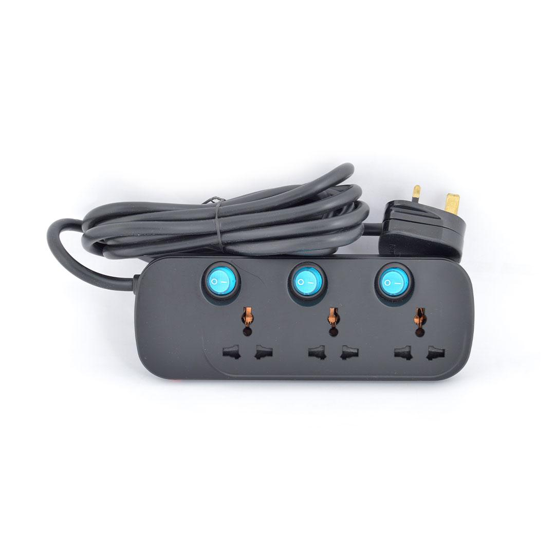 3 Way Universal Power Extension Socket 3X1.25MM2 Black Body & Blue Switch 5M Cable 13A Plug