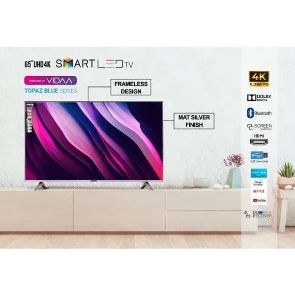 Geepas 65" VIDAA Professional TV- GLED6569SVUHD| Smart Voice Control, 4K Ultra HD, Smart TV With Frameless Design| With Remote Control, HDMI And USB Ports| Licensed Contents And Pre-Installed Apps, Bl