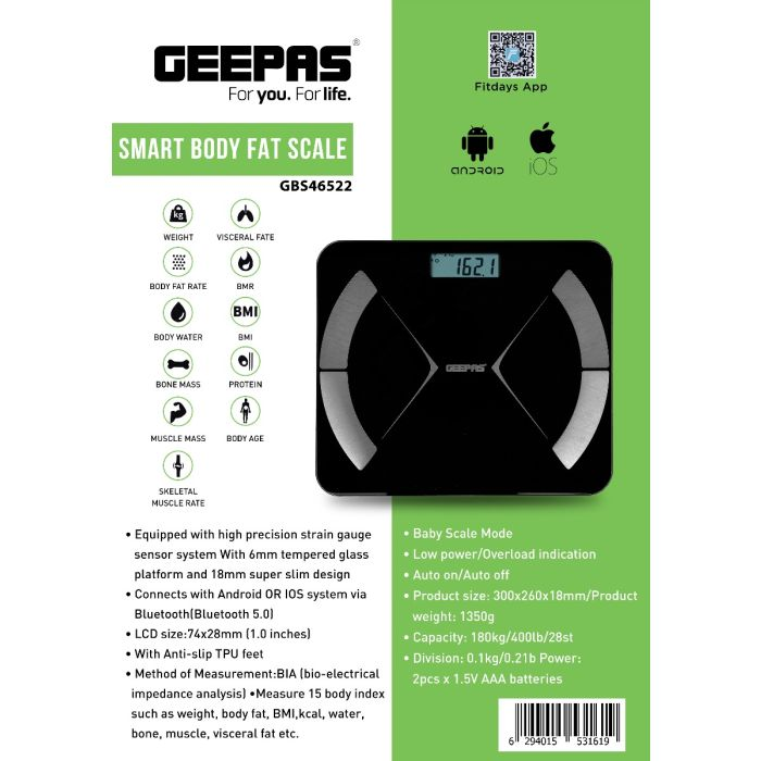 Geepas Smart Body Fat Scale - Portable Lightweight Bluetooth 5.0 With Led Display | Low Power, Overload & Auto On/Off With 180 Kg Capacity | Ideal To Use For Home, Gym, Hospital & More