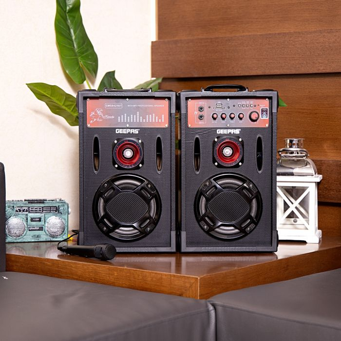 Geepas 6.5" 2- Channel Professional Speakers - Tweeters, Adjustable Master Volume/Bass/Treble Knob, Wireless Microphone, FM With USD & SD Ports | Ideal For Quiz Nights, Discos, Singing, Karaoke & More