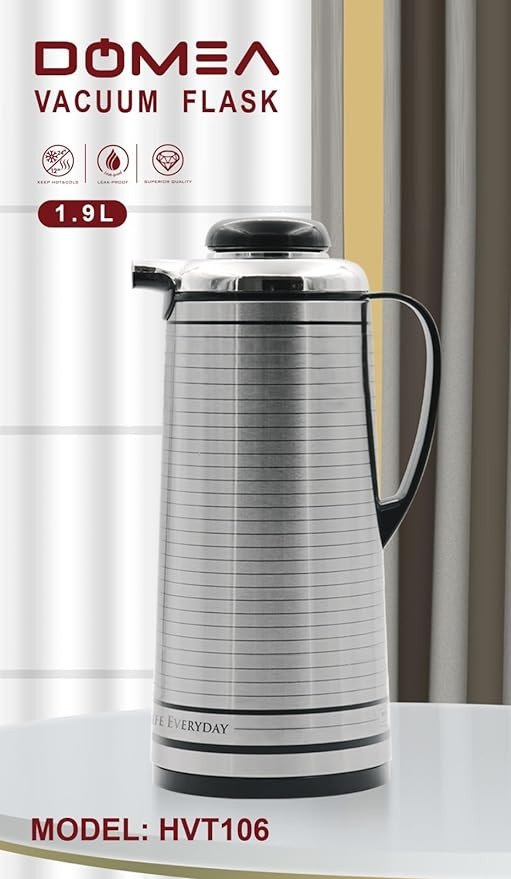 DOMEA Stainless Steel Vacuum Flask, Heat Insulated Thermos, Keep 24 Hour Cold, 12 Hour Hot, Leak Proof, For Tea, Coffee & Water Serving | For Indoor, Camping, Parties & Functions, 1.9 L, Silver