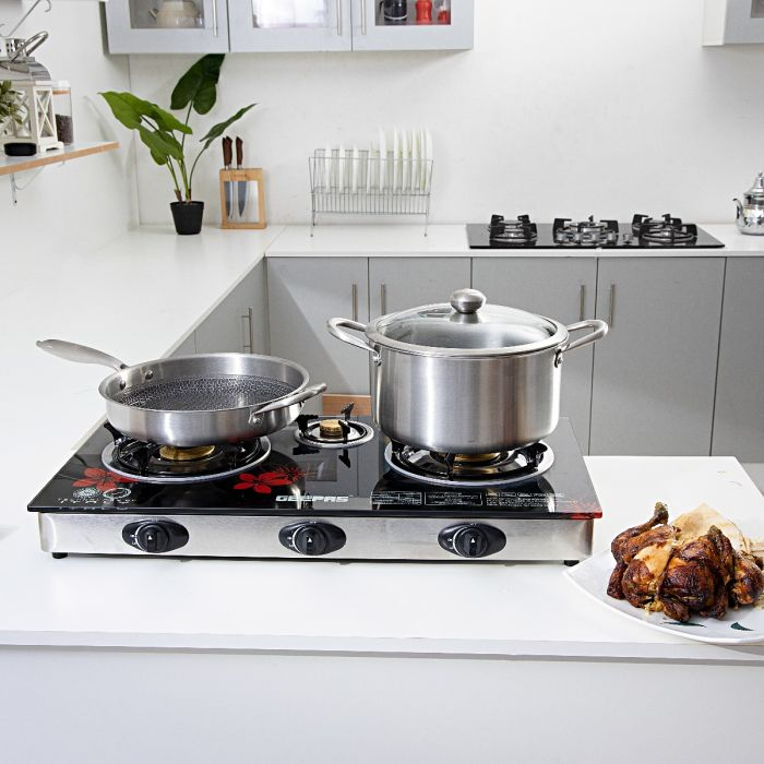 Geepas GK6759 Gas Hob/Stove - Attractive Design, Gas Range 3-Burner Stove Cooktop, Auto Ignition, Outdoor Grill, | 8mm Glass Top | Fuel Efficient Brass Burners