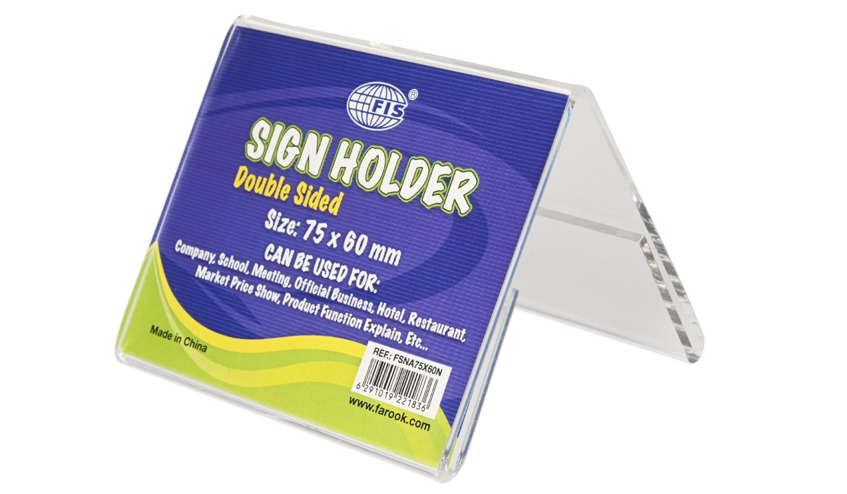 FIS® Acrylic Sign Holder, Size: 75x60mm, Dual-Sided View, A-Shape, Tabletop Mount, Packet of 6 Pieces, Crsytal Clear Plastic Horizontal/Vertical Display-FSNA75X60N-6