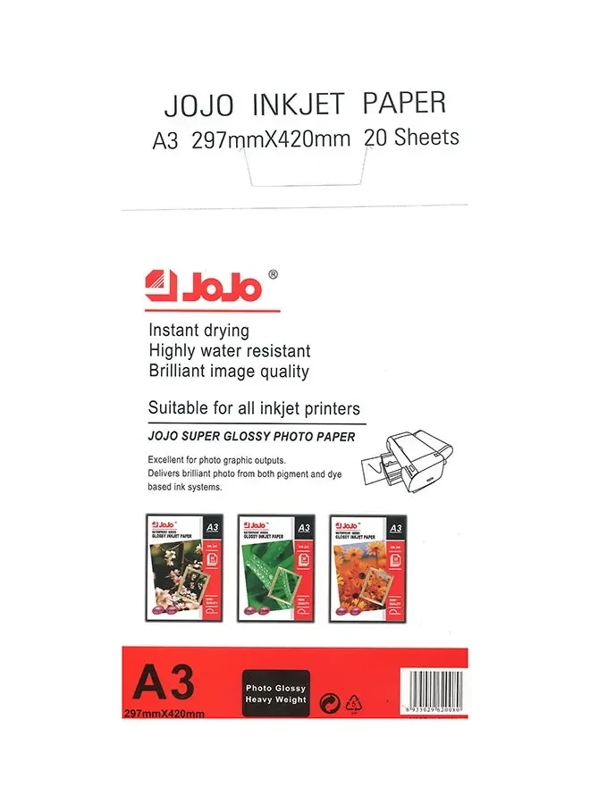 Jojo 20-Sheets Waterproof A3 Glossy Inkjet Photo Paper 200gsm