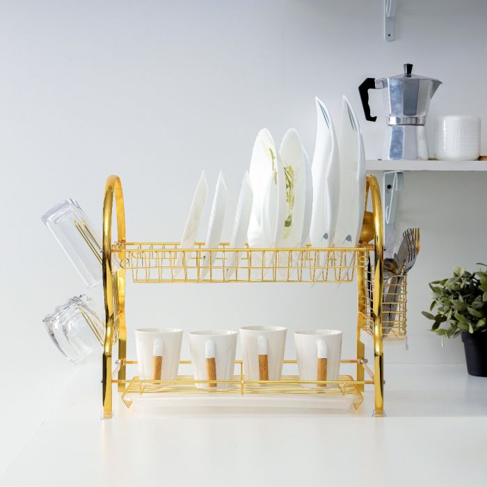 2-Layer Goldy Dish Rack, Convenient Moving, RF10150 | Durable Gold Finish Iron Construction | Holds 17 Plates | Cutlery, Glass/Cup Holder | Compact Design | Attached PP Drain Board