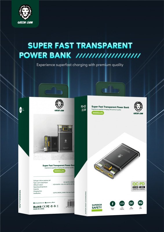 Green Super Fast Transparent Power Bank 10000mAh ( QC 22.5W + PD 20W ) - Black