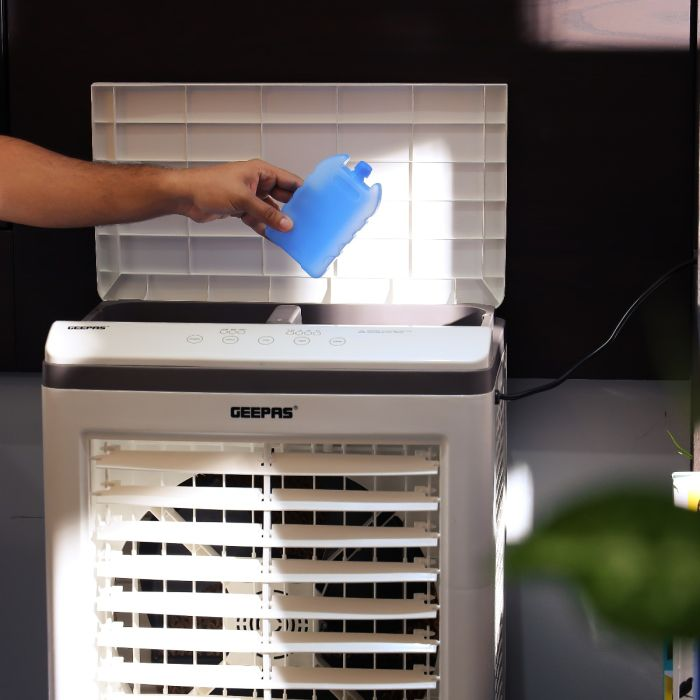 Geepas Air Cooler & Humidifier - 3 Mode (Normal/Natural/Sleep), 9 Hours Timer | Led Display With Indicator Lights | Auto Horizontal Swing | 2 Pcs IceBocx | Remote