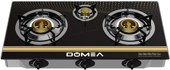 DOMEA Gas Burner With Auto Ignition | 3 Burners Stove With Convenient Pot Holders, Tempered Glass Top, Cast Iron Burner| Perfect For Home, Apartments, Parties | Table Top, Portable