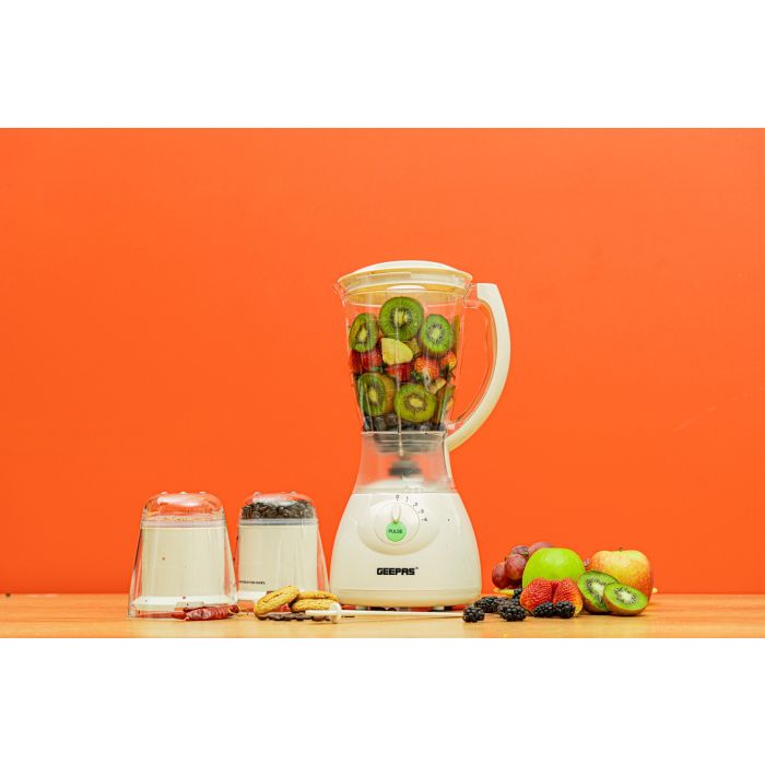 Geeepas 400W 3 In 1 Multifunctional Blender - Stainless Steel Blades, 4 Speed With Pulse | 1.5L Jar, Over Heat Protection | Coffee Grinder & Smoothie Maker