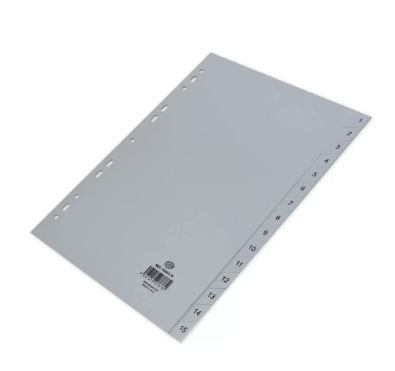 Pack of 25 Pieces PP Index Divider (1 – 15) English, Size A4 Grey