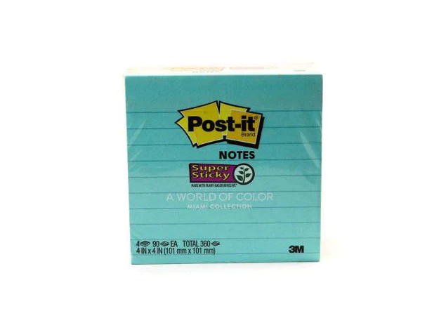 3M Post-it Super Sticky Notes 675-4SSMIA. 4 x 4 in (101 mm x 101 mm), Lined, 90 sheets-pad, 4 pads-Pack