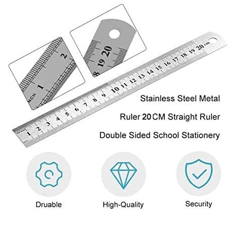20 cm Metal Ruler, Double Sided Stainless Steel Scale for School, Office, Home, Architect, Engineers, Craft Supplies