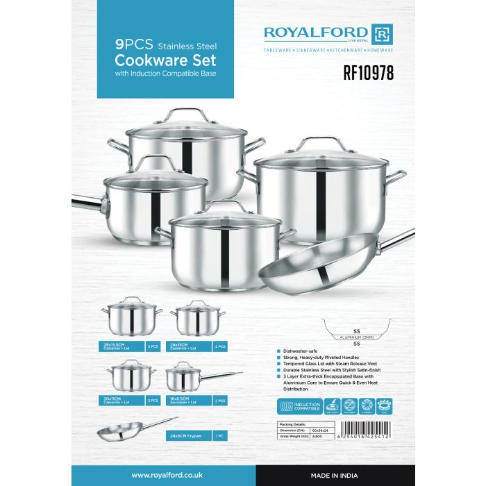 Royalford 9Pcs Stainless Steel Cookware Set