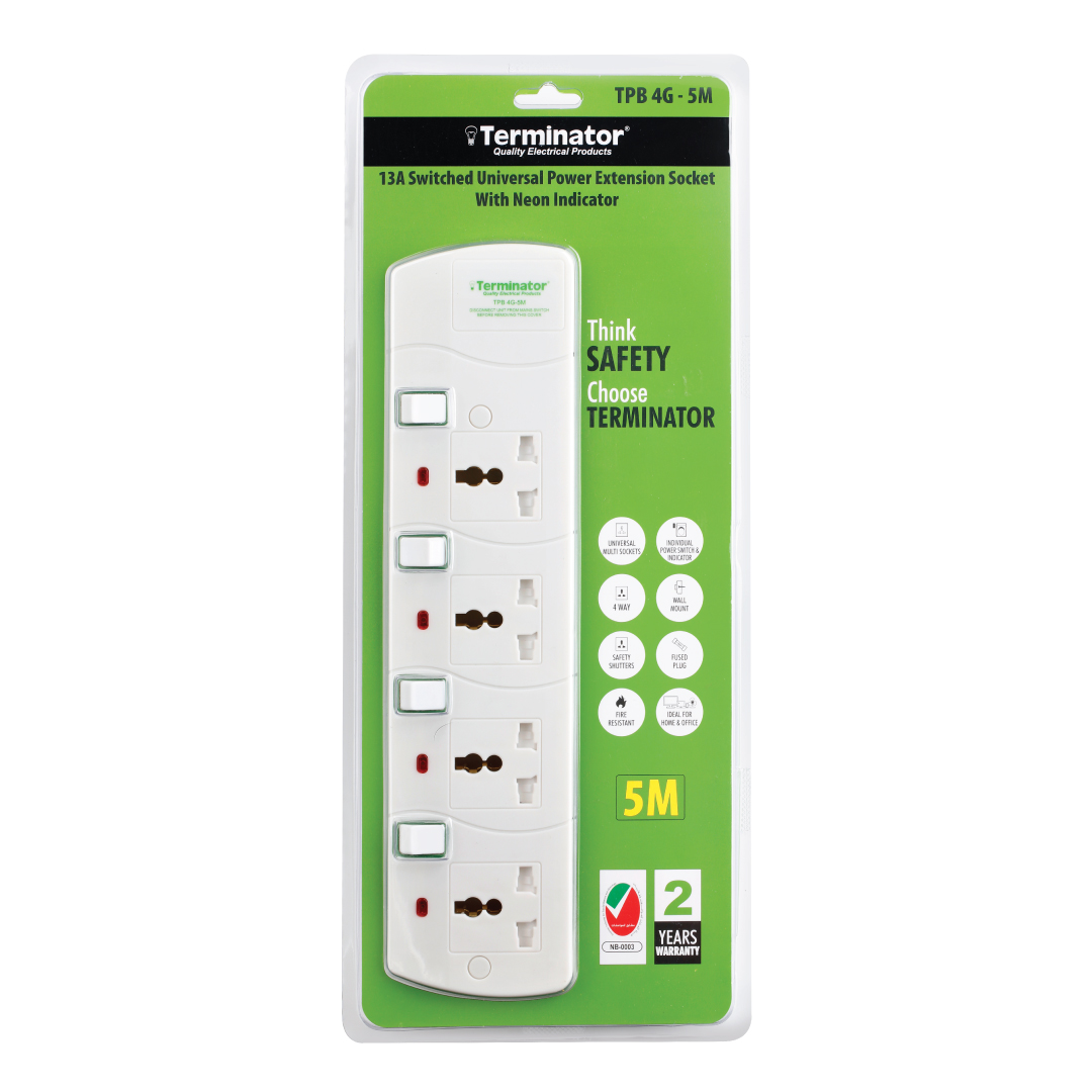 4 Way Universal Power Extension Socket with 13A Plug and 5M Cable