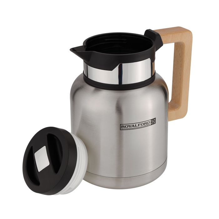 Royalford Stainless Steel Vacuum Jug With Wooden Handle, 1L, RF10169 | Thermal Insulated Airpot | Keep Drinks Hot & Cold Up To Hours | Portable & Leak Proof Thermal Flask