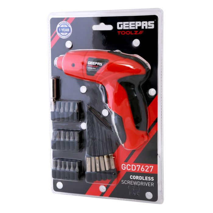 Geepas GCD7627 3.6V Electric Cordless Red Screwdriver Set With Power Motor & Rechargeable 600mAh Internal Battery & 24 Piece Screwdriver And Wood Drill Bit Assortment For Home DIY - 2 Years Warranty