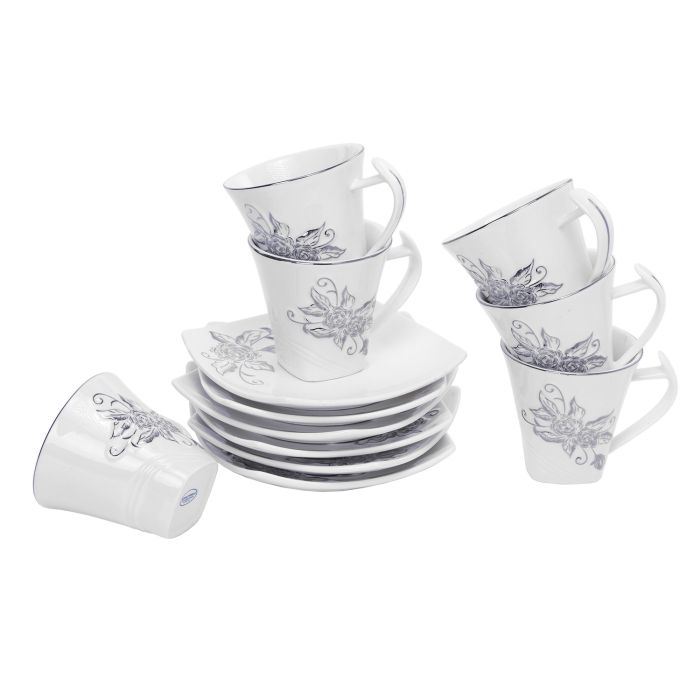 Royalford RF5726 New Bone China Square Cup & Saucer Set, 12 Pcs | Ideal For Daily Use - Non-Toxic, Ecologically Tasteless, Smooth Surface, Translucent, Comfortable Grip And Lightweight