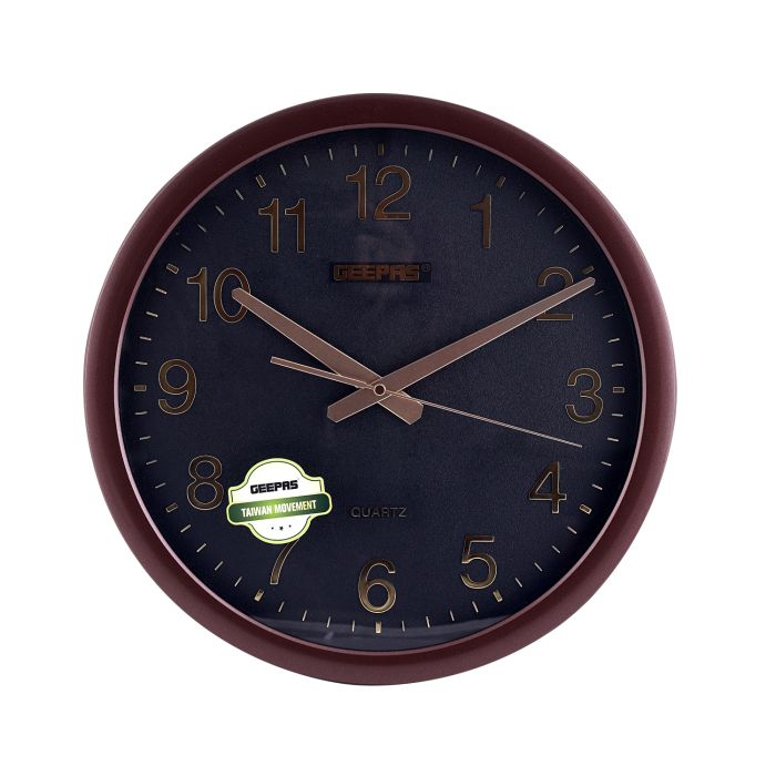Geepas Wall Clock - Taiwan Movement, Round Decorative Coffee Colour Frame Clock For Living Room, Bedroom, Kitchen (Battery Not Included) Color Frame | 2 Years Warranty