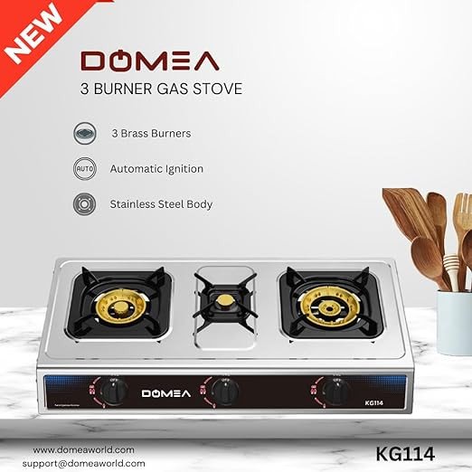 DOMEA Stainless Steel Gas Burner With Auto Ignition | 3 Burners Stove, Brass Burner With Conveniet Pot Holder, 60% Gas Save, Perfect For Home, Apartments, Parties|Table Top, Portable