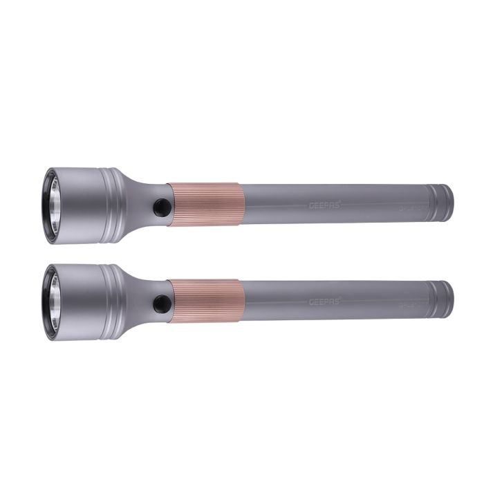 Geepas 2 PCS Rechargeable Water Proof Family Pack LED Flashlight 3000 Mah -Super Bright Light Rechargeable Flashlight| Aluminium Body, Water Proof, Highly Durable CREE LED Lights