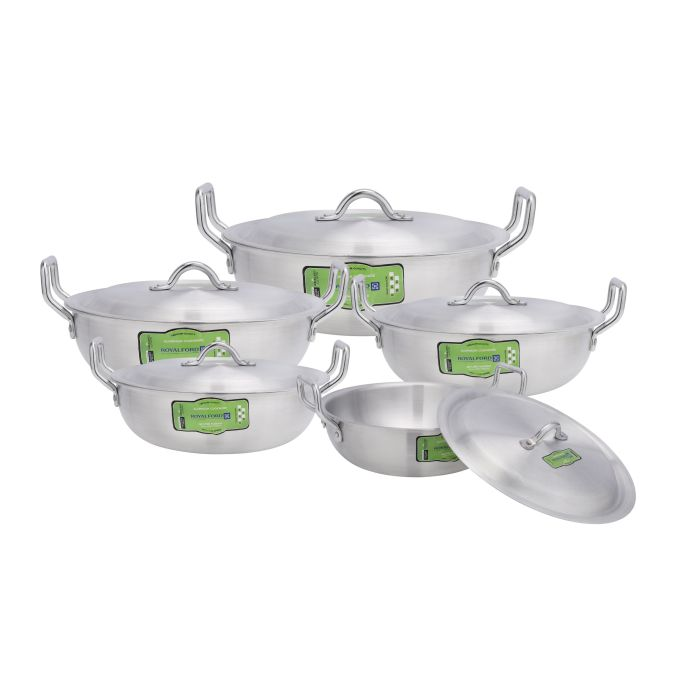 Royalford Round Karahi Set With Steel Handle, RF11205 | Non-Stick Aluminium Cookware Set | Evenly Heating Base | Casseroles With Lids