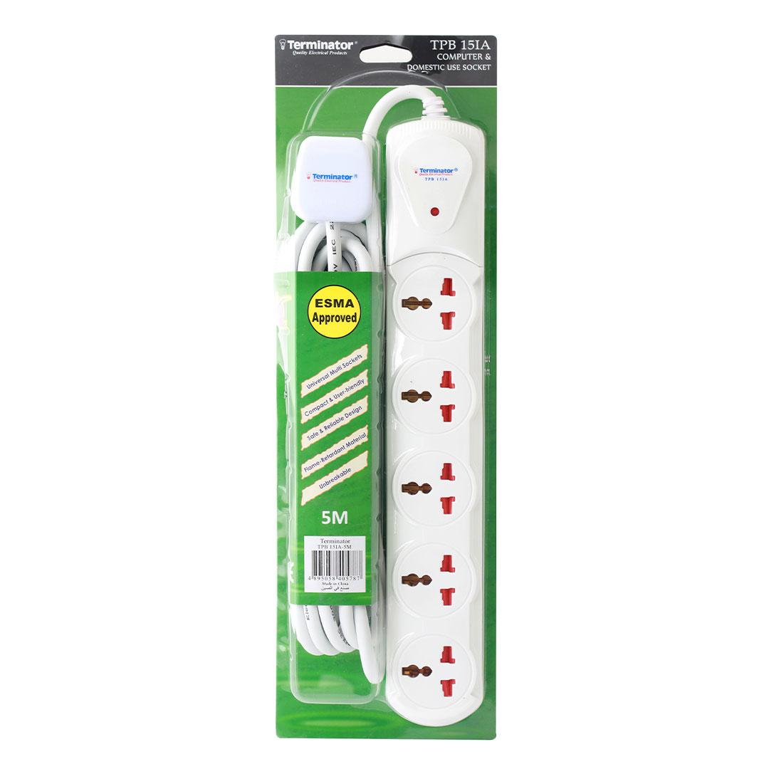 5 Way Universal Power Extension Socket 1.25mm2 Cable Single LED Off White Body 3M Cable 13A Plug