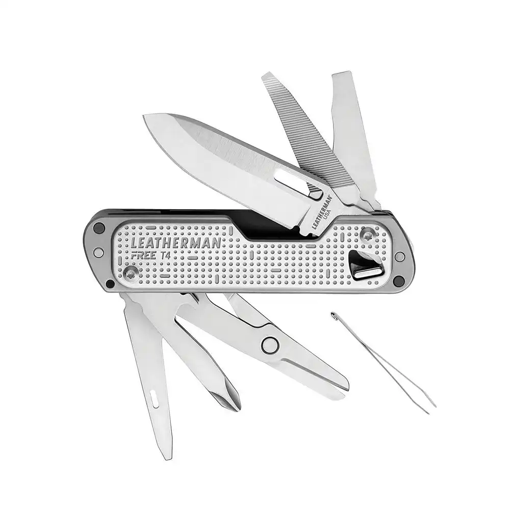 Free® T4 - 12-In-1 Compact Multi-Tool, Stainless Steel, Includes Knife, Scissors, File, Tweezers, AWL, 3x Screwdrivers, Package Opener, Bottle Opener And Pry Tool