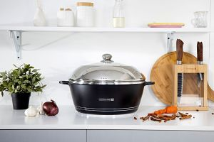 Royalford 40Cm Classic Plus Casserole With Glass Lid - Ceramic - Black