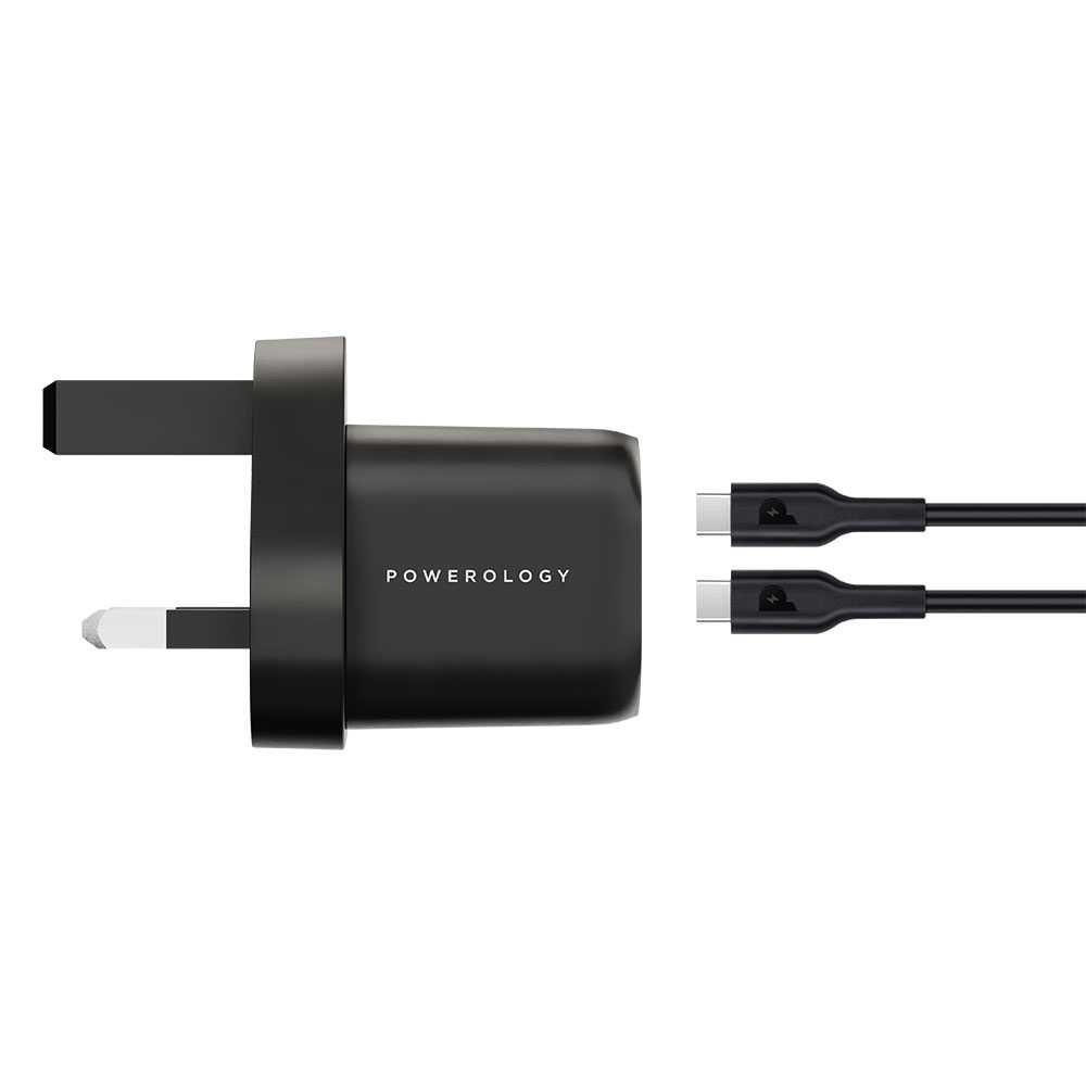Powerology 33W GaN PD Charger with Type-C to Type-C 1.2m Cable - Black