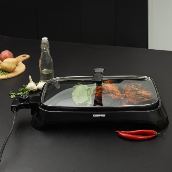 Geepas 1600W Electric Barbeque Grill - Adjustable Thermostat Non-Stick Smokeless Grill Indoor With Glass Lid | Overheat Protection & On Indicator Light | Ideal For Bacon, Beef, Chicken, Veggies & More