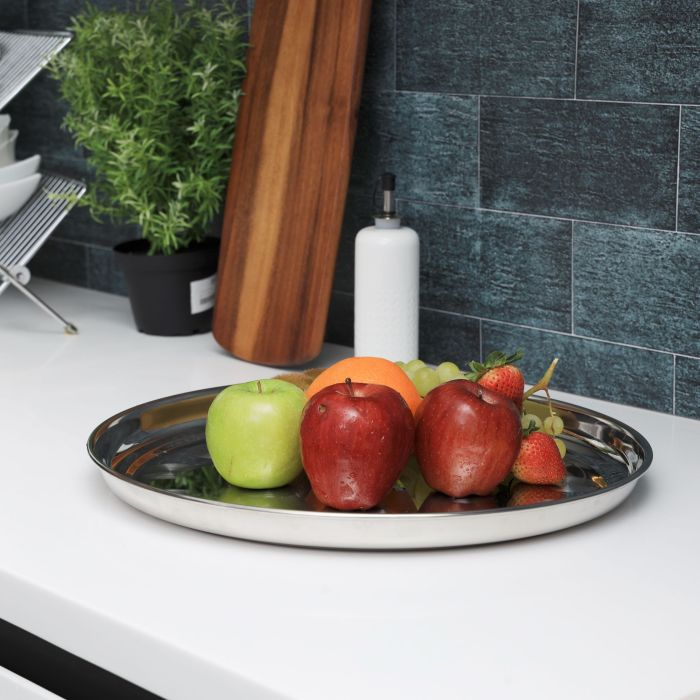Royalford 24" Stainless Steel Group Serving Tray - Stackable Swirl Pattern Round Bar Tray Silver Platters For Serving Cocktails & Beverages At Parties, Restaurants, Bars, & Catering With Mirror Finish