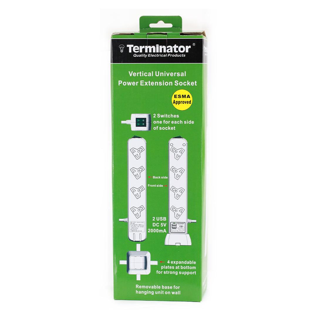 8 Way Universal Power Extension Vertical Socket With 2USB 2000mA & 2 Switches 1.25mm2 3M Cable 13A