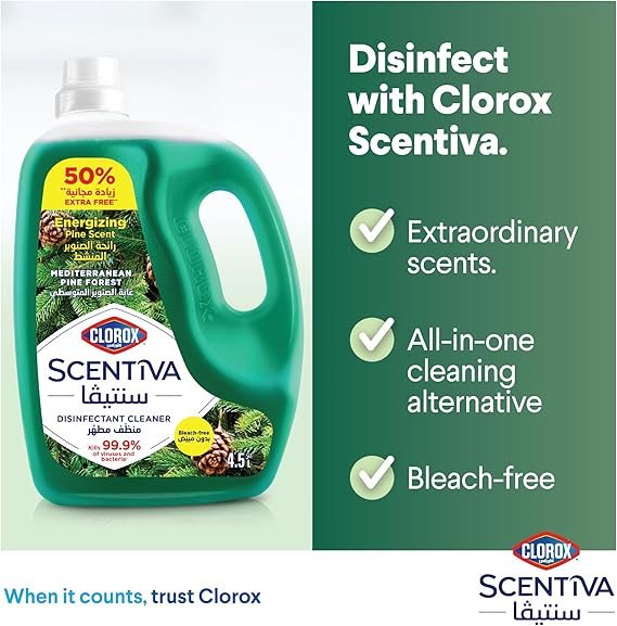 Clorox Scentiva Disinfectant Floor Cleaner 4.5L, Mediterranean Pine Forest, Kills 99.9% of Viruses and Bacteria, Bleach Free