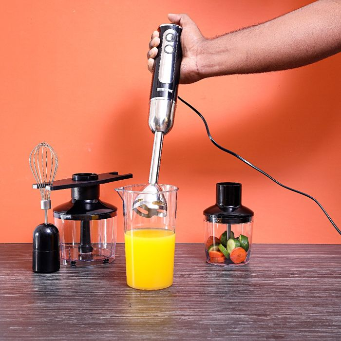 Geepas 5-In-1 Hand Blender - Portable Led Indicators |Chopper / Food Processor | Whisk |2 Speeds With 8 Variable Speeds, Stainless Steel Blade | Perfect Smoothies And Grinding Coffee| 2 Year Warranty